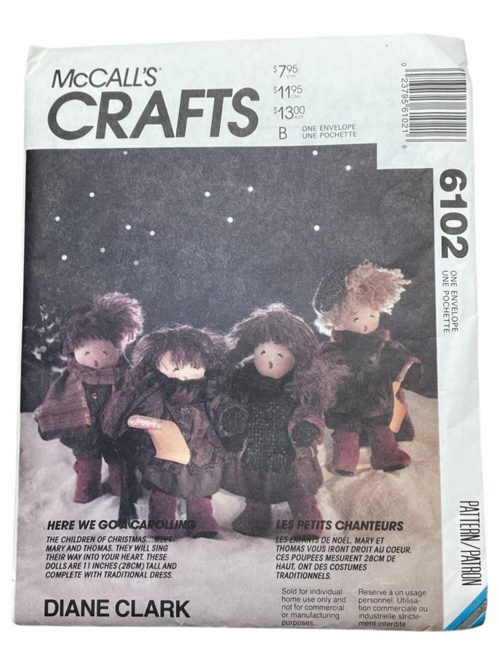 McCall's Crafts Sewing Pattern 6102 Here We Go A Carolling FF Uncut NOS 1992